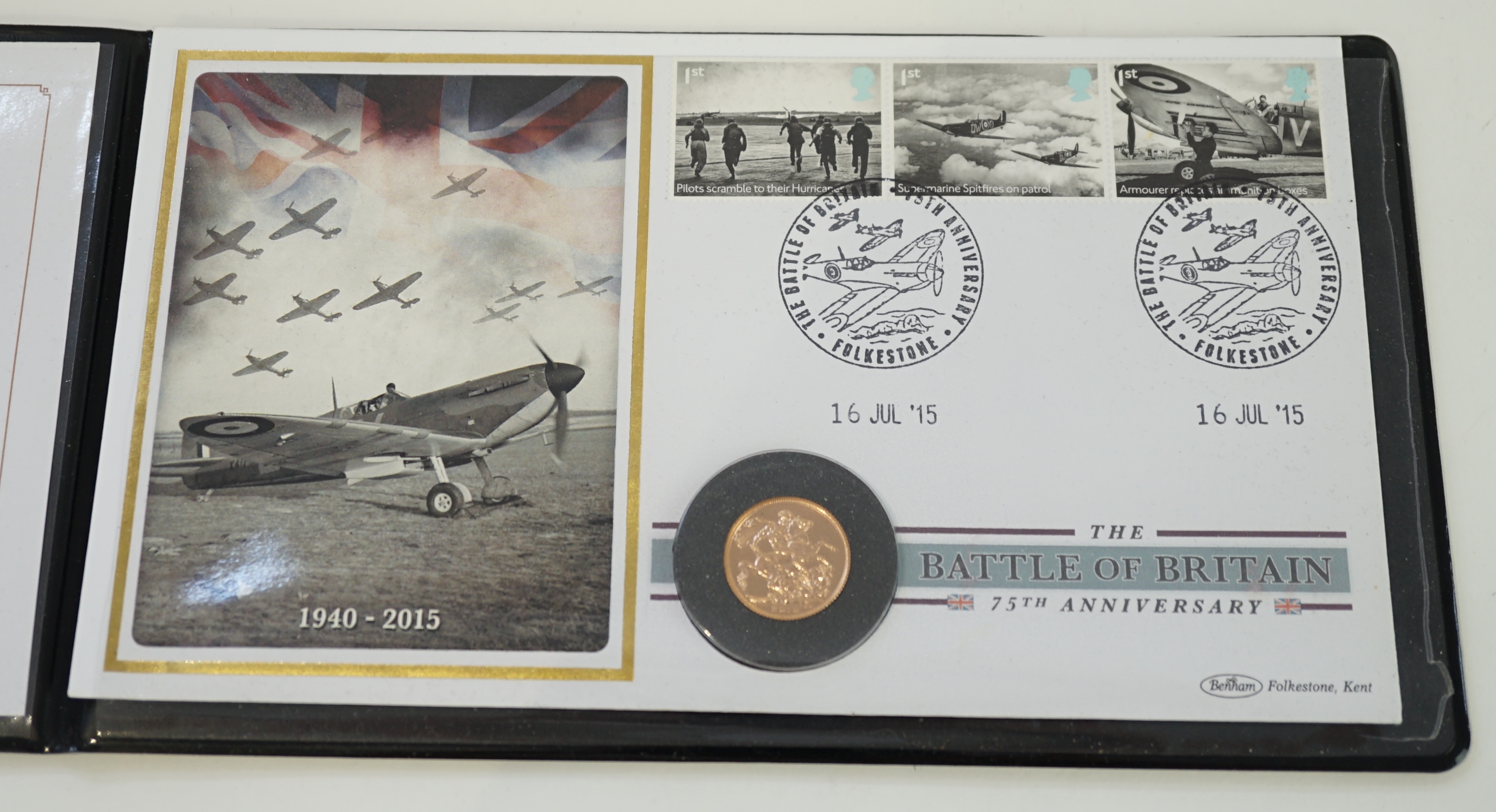 British gold coins, Elizabeth II, sovereign, 2015, BUNC, on a first day cover commemorating the 75th anniversary of the Battle of Britain, in Jubilee Mint presentation case